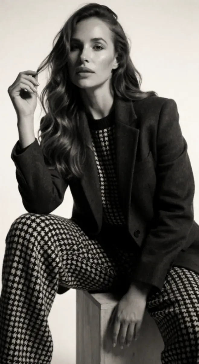 An editorial portrait of Brooke in a dark tailored suit