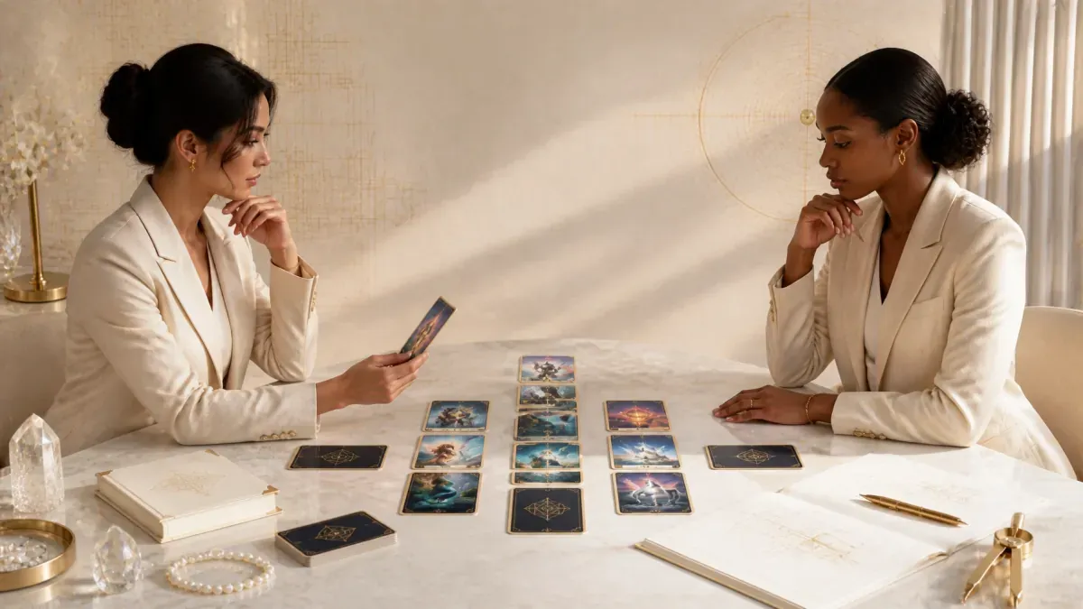 Two women using an oracle deck together in a structured strategy session