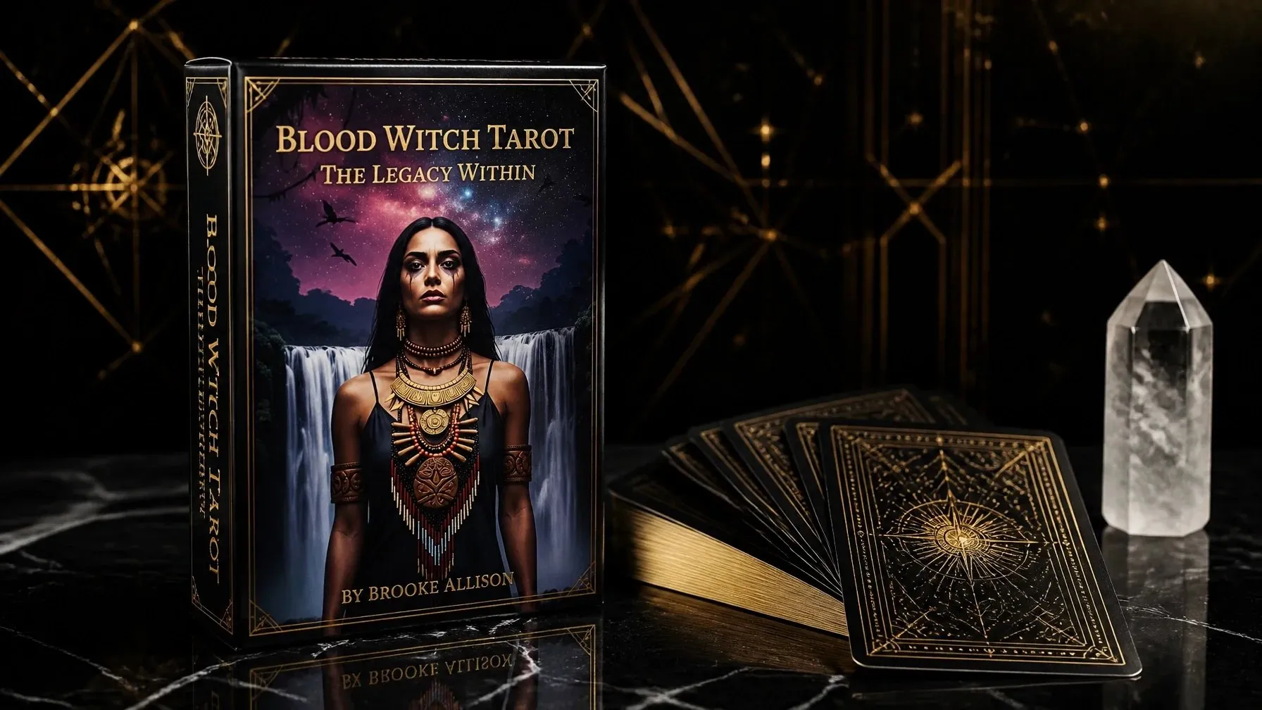 Blood Witch Tarot deck and fanned cards arranged on dark marble with celestial details