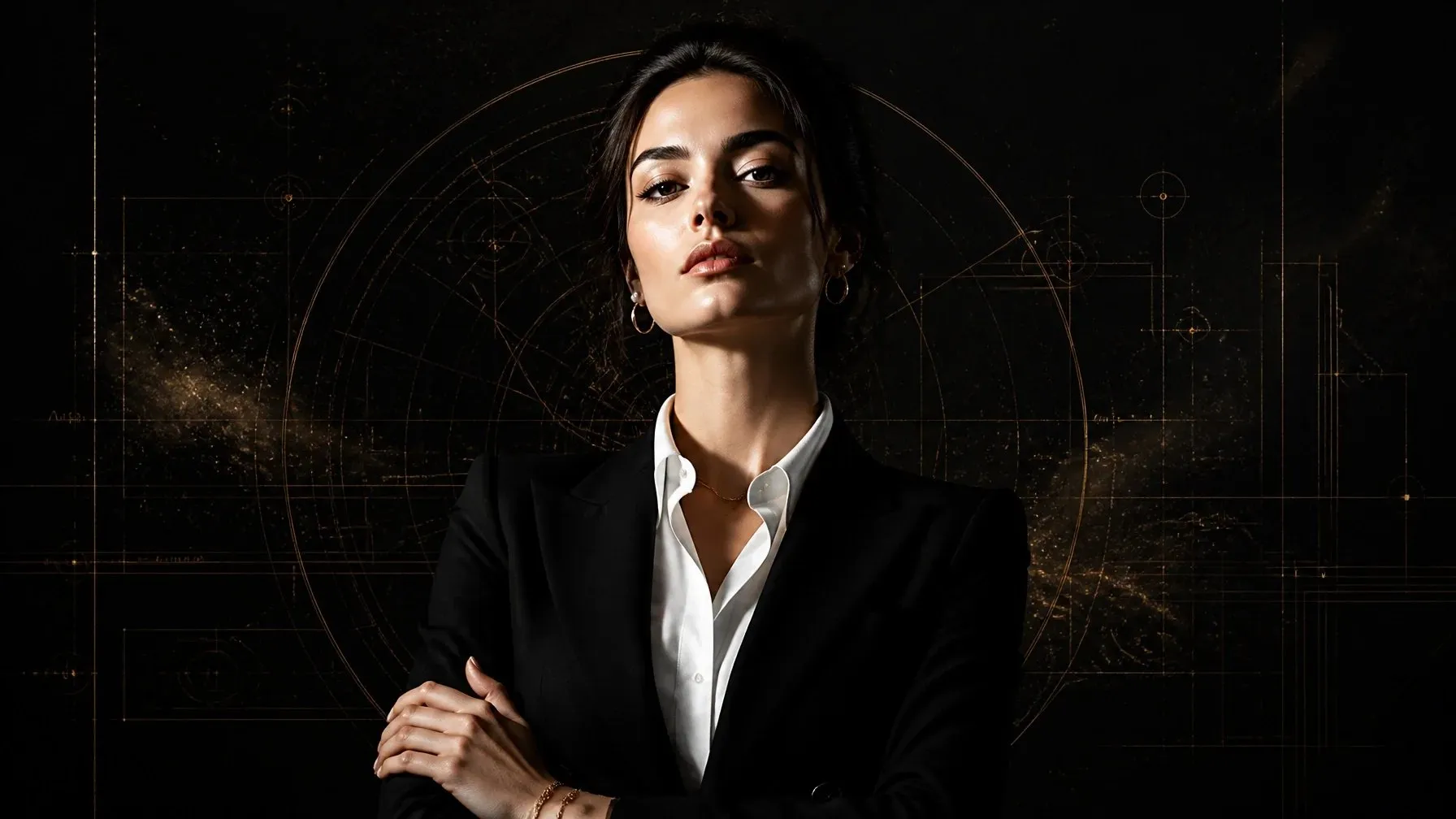A poised woman in a black blazer and white shirt standing before a dark geometric celestial background