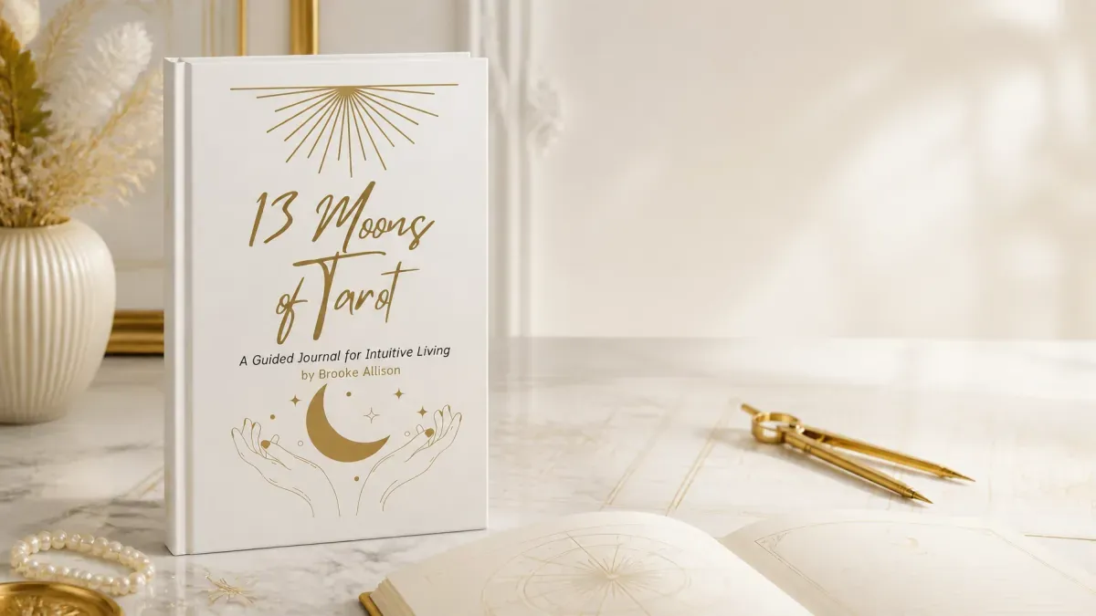 The 13 Moons of Tarot journal open beside a gold compass