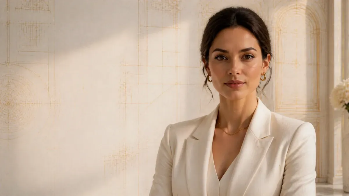 A woman in an ivory blazer before gold architectural blueprints