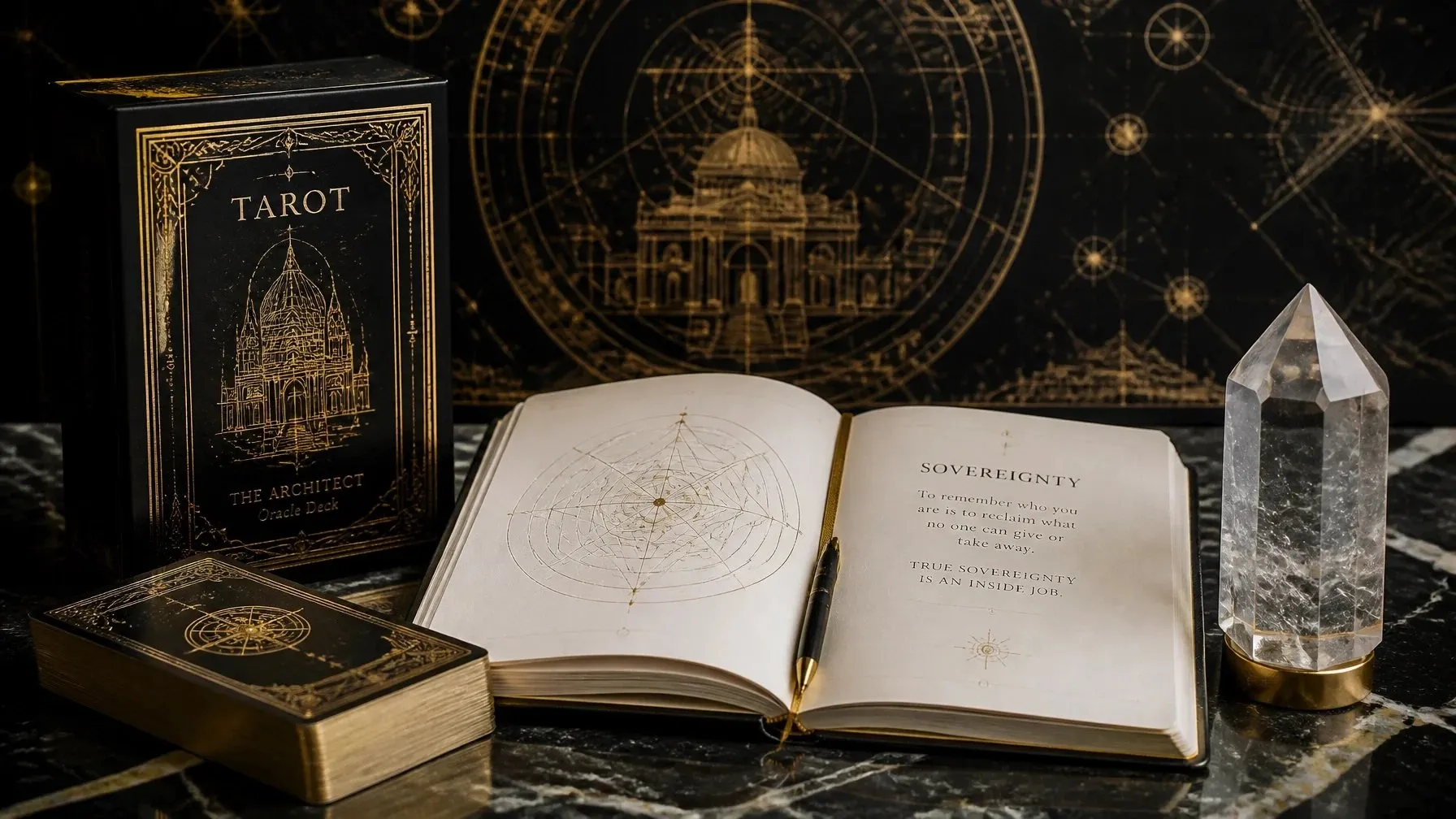 An open book and brass armillary sphere surrounded by cards