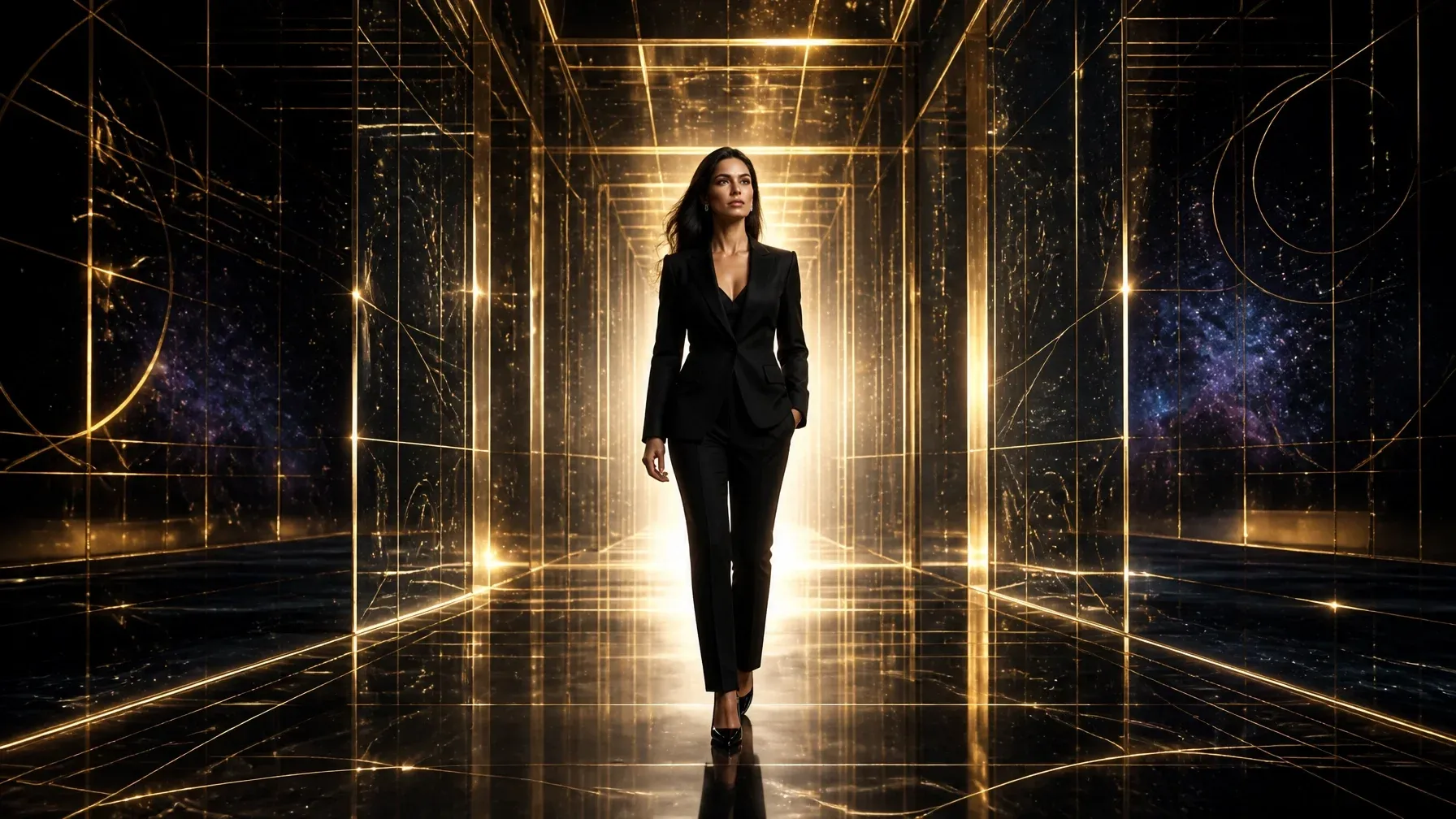A woman standing inside a luminous architectural passage