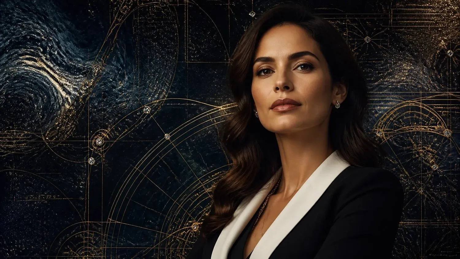 A woman in a dark blazer facing forward against a celestial background