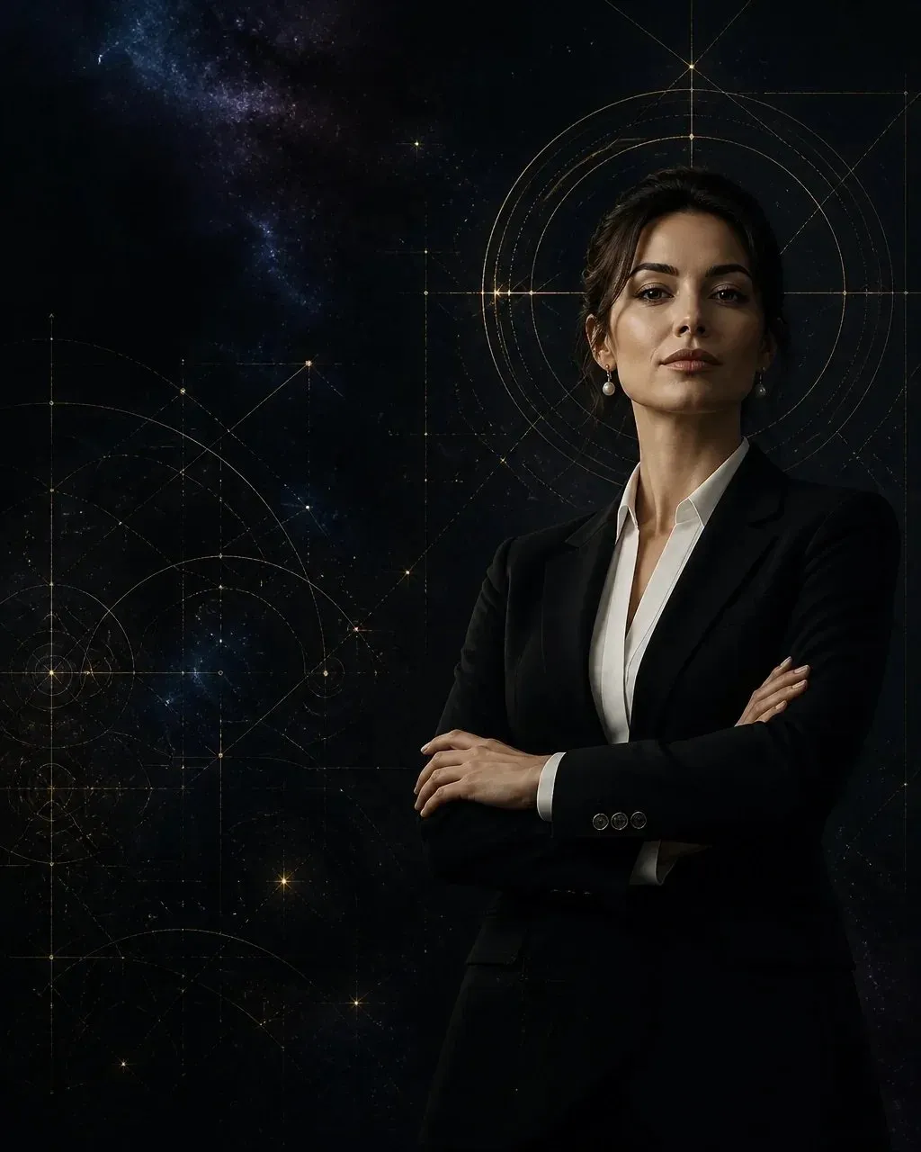 A poised woman holding cards against a dark celestial background