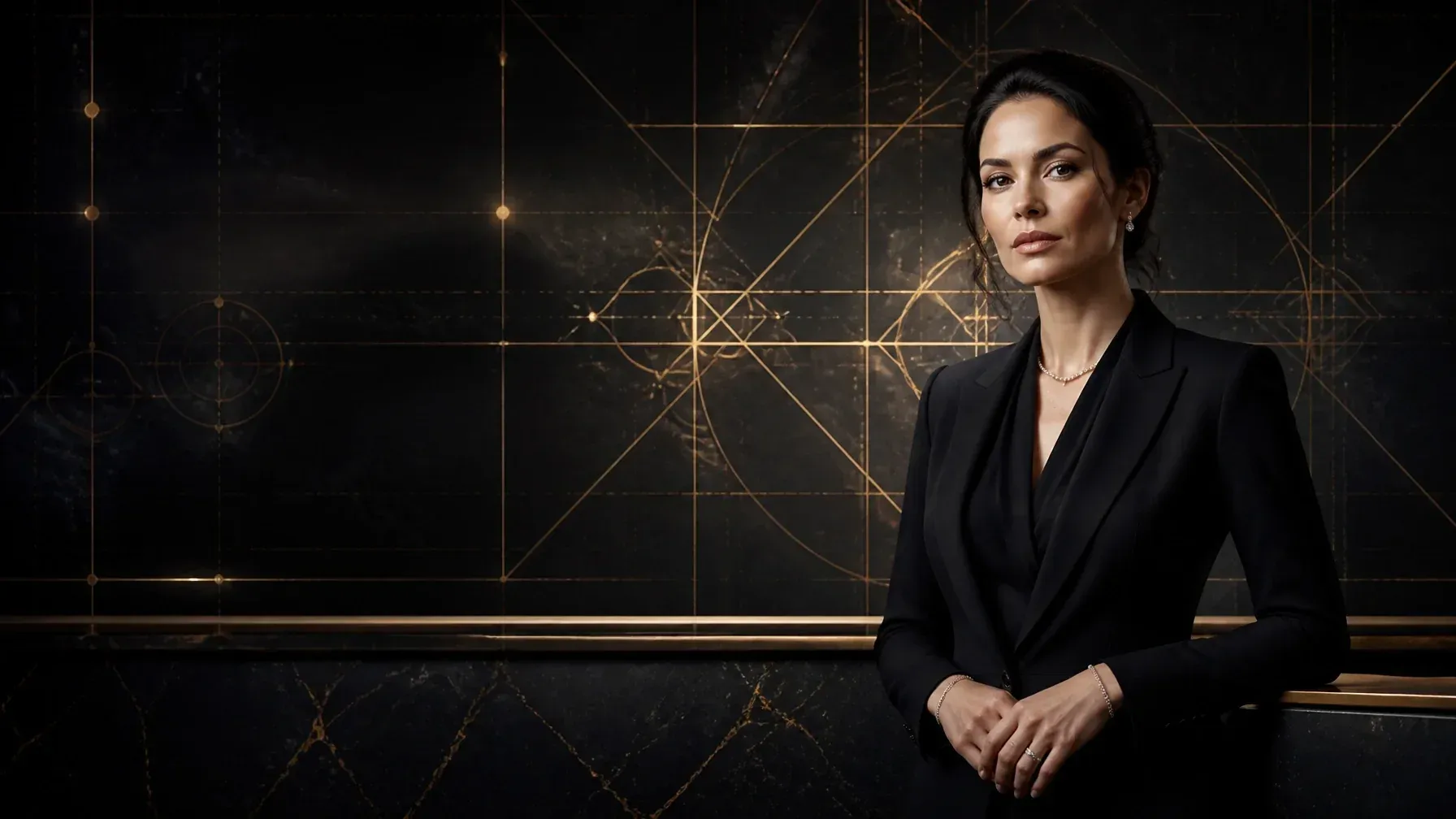 A woman standing beside an illuminated celestial grid