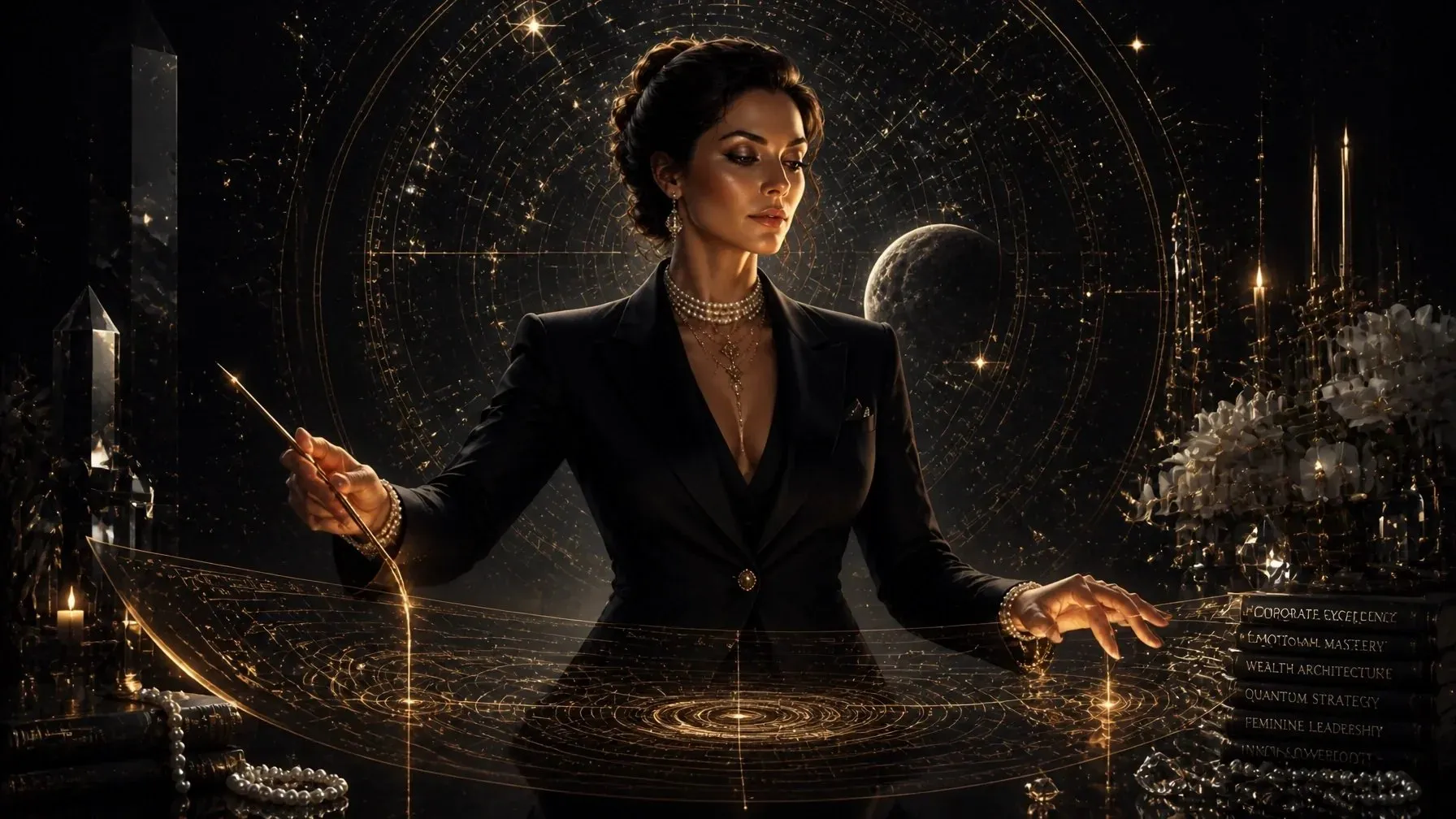 A woman seated at a dark table with a glowing celestial pattern