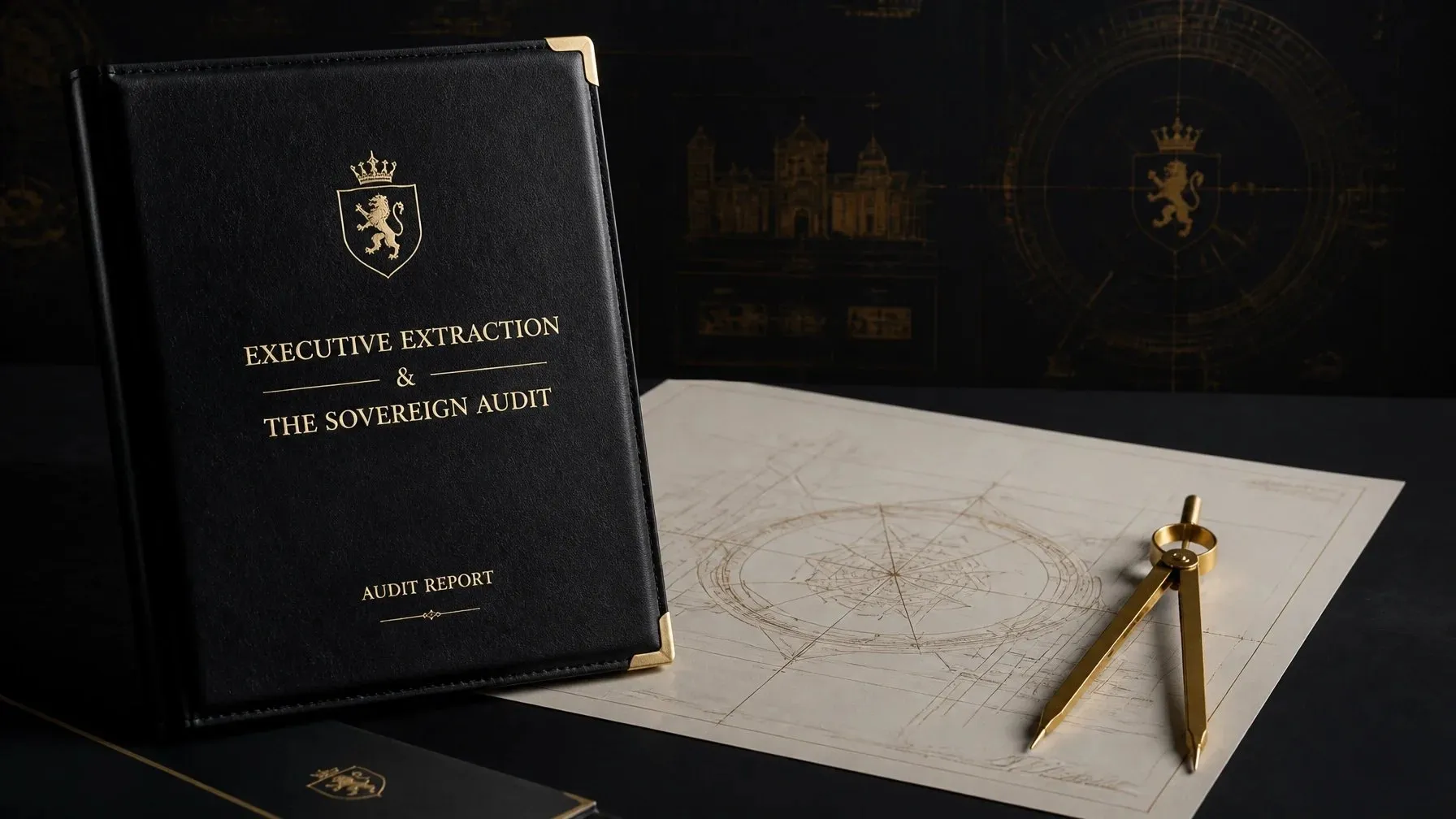 A dark book and gold architectural tools arranged on a marble desk