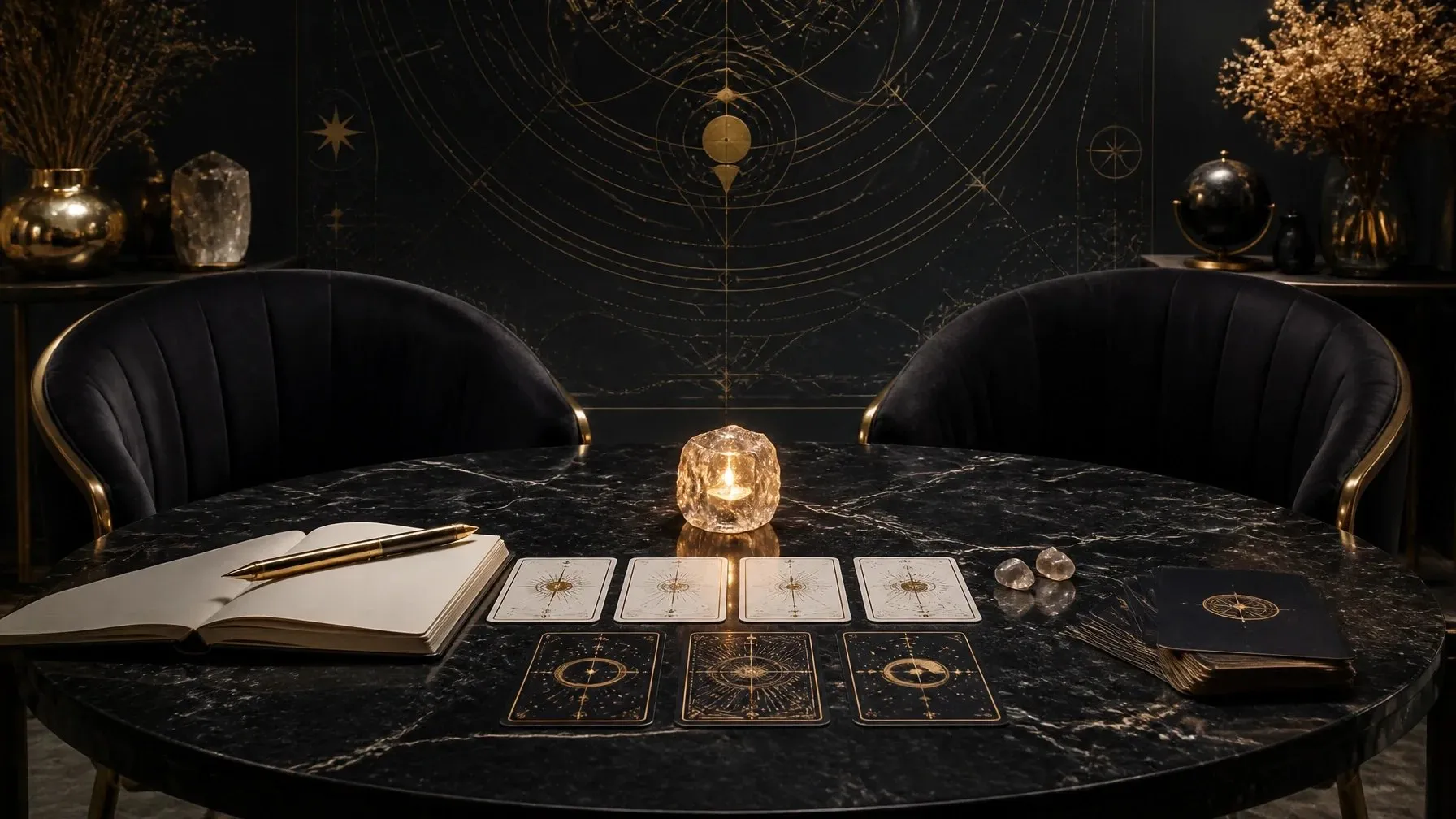 A glowing candle and cards arranged on a dark reflective surface