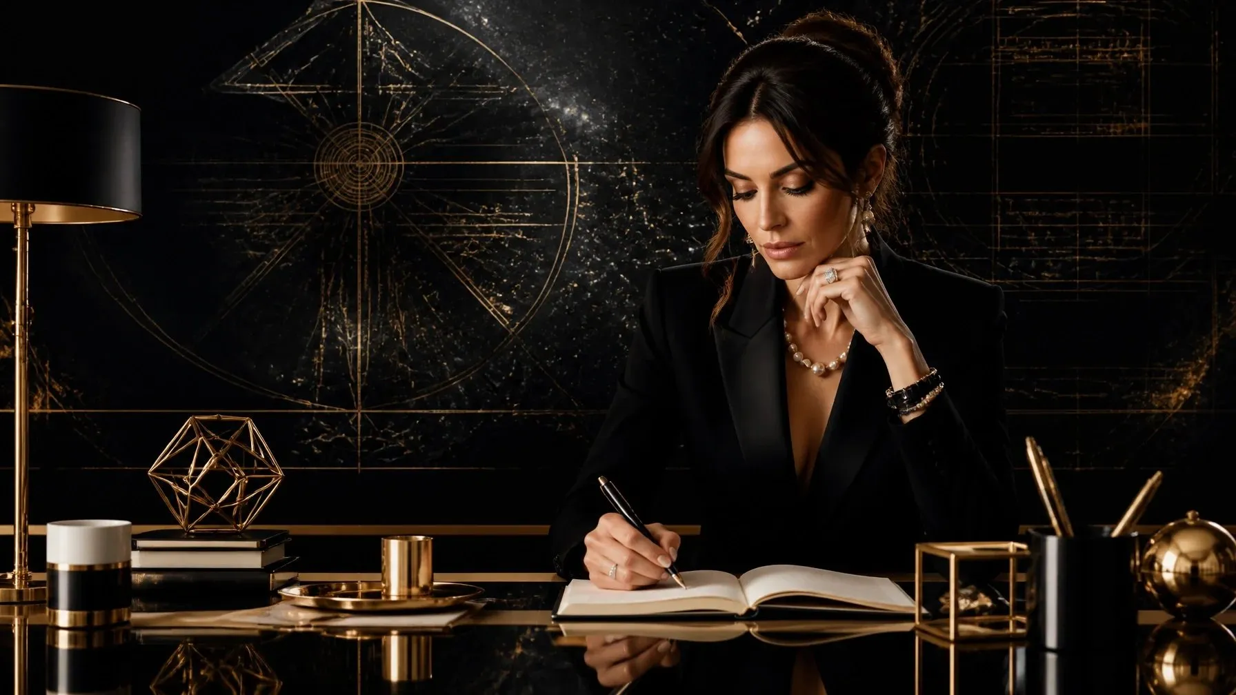 A woman journaling beside a tarot deck and brass lamp