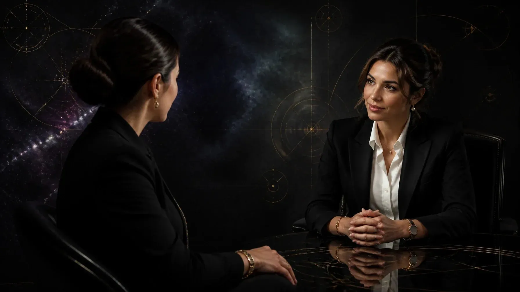 Two women in conversation across a small table in a dark room