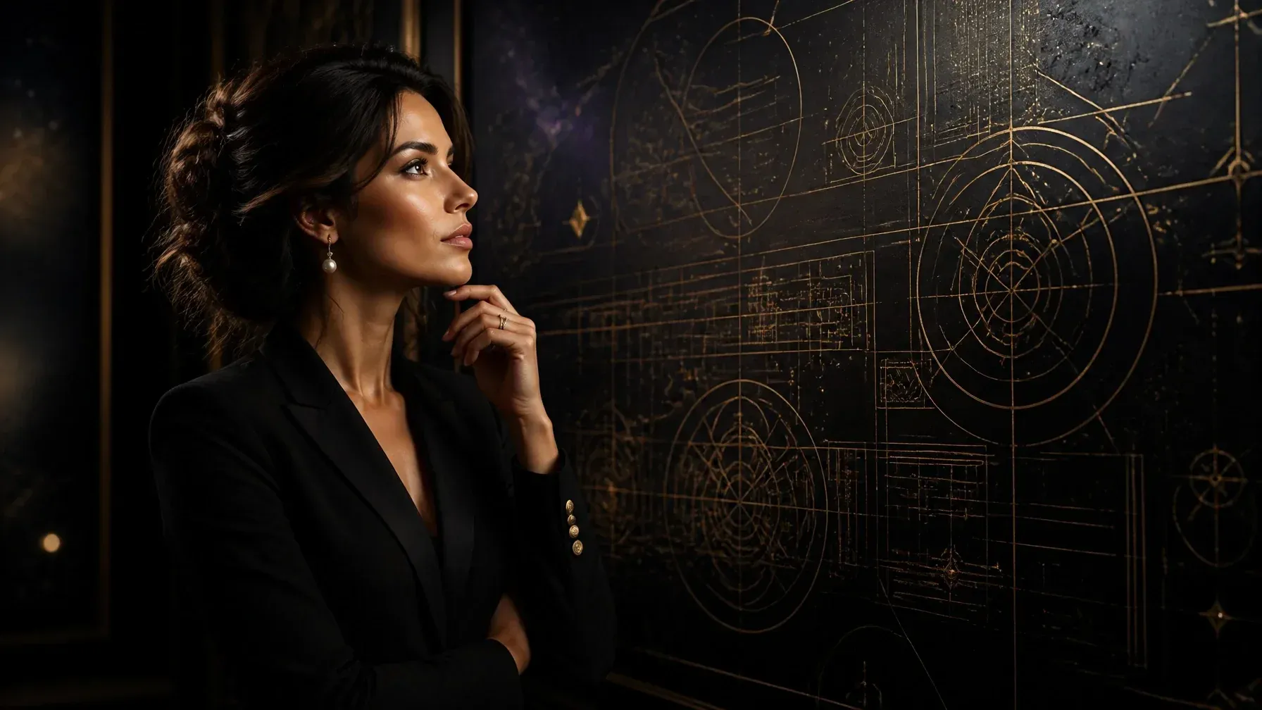 A woman reading cards beside a dark geometric celestial backdrop