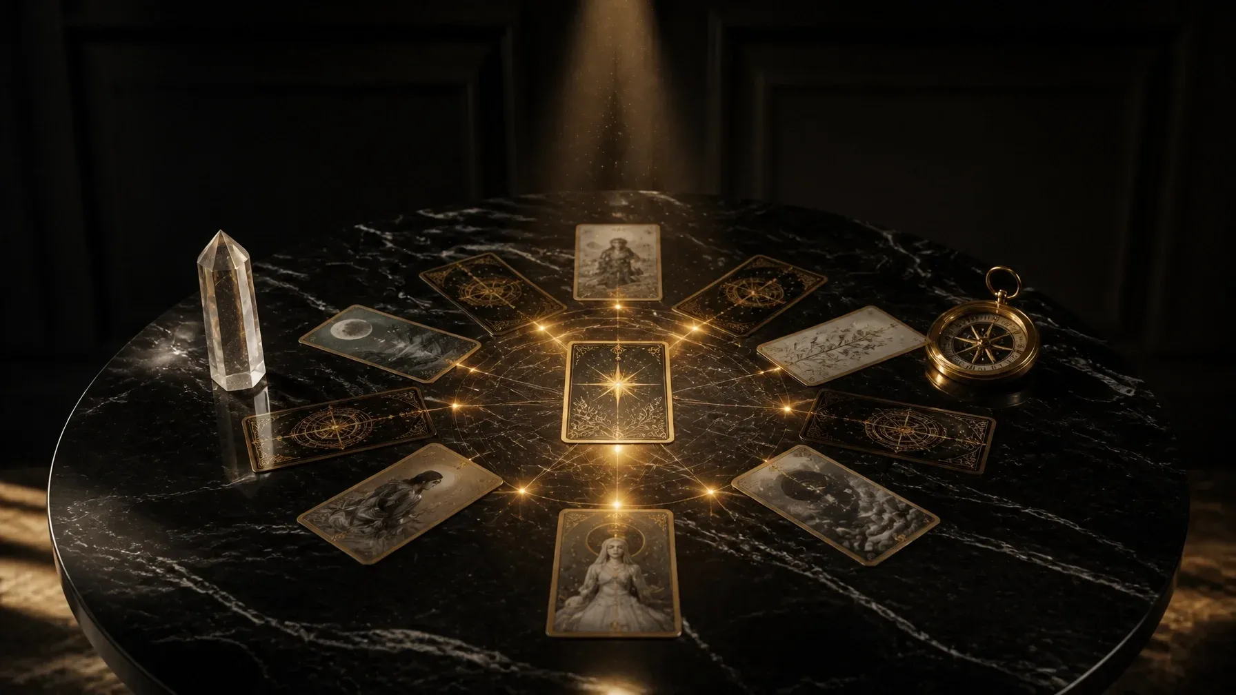 A woman writing beside a spread of cards and a glowing lamp