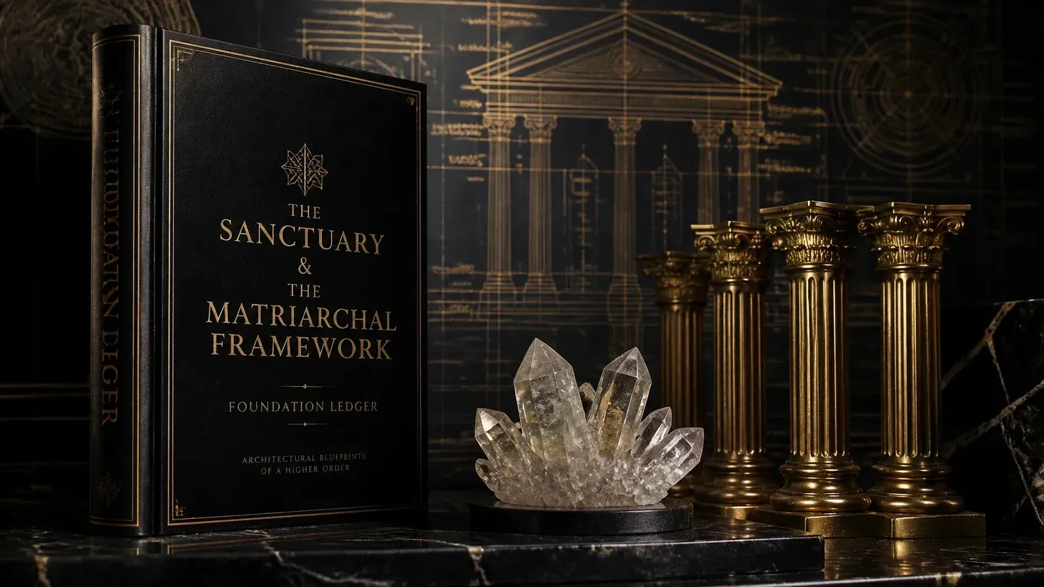 A sanctuary book and crystal arrangement on a dark marble table