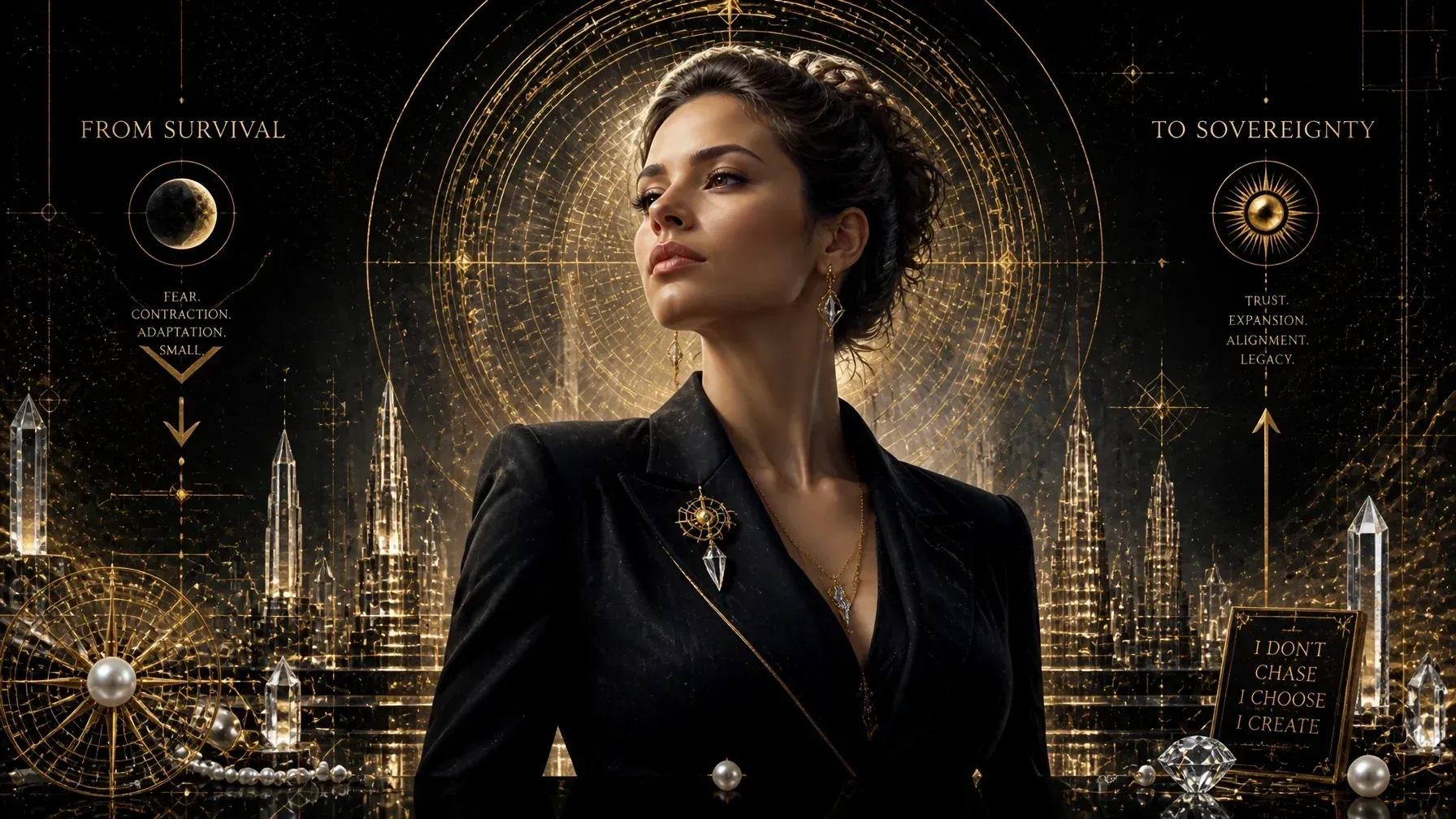 A woman in a black suit standing against a celestial architectural background
