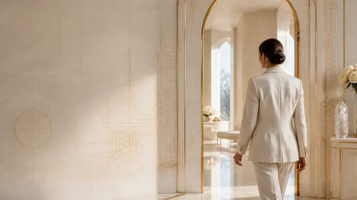 A woman walking through a bright architectural threshold