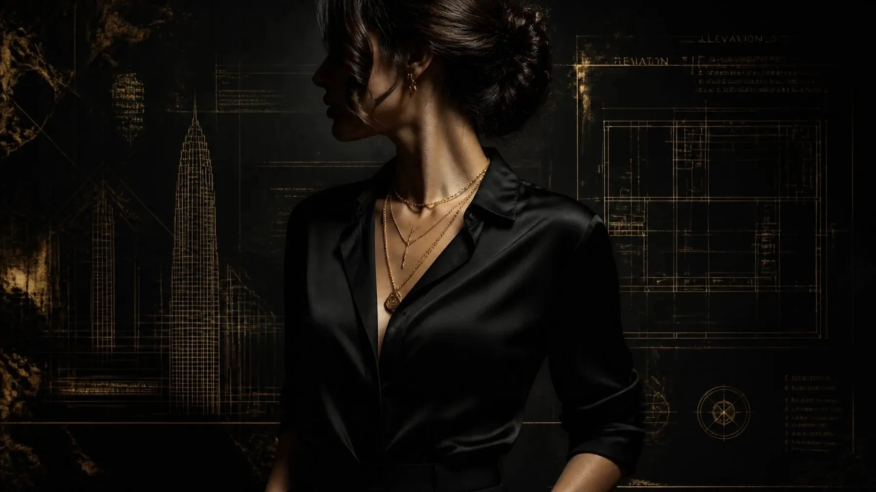 A woman in a black satin shirt and layered gold necklaces standing against dark architectural lines