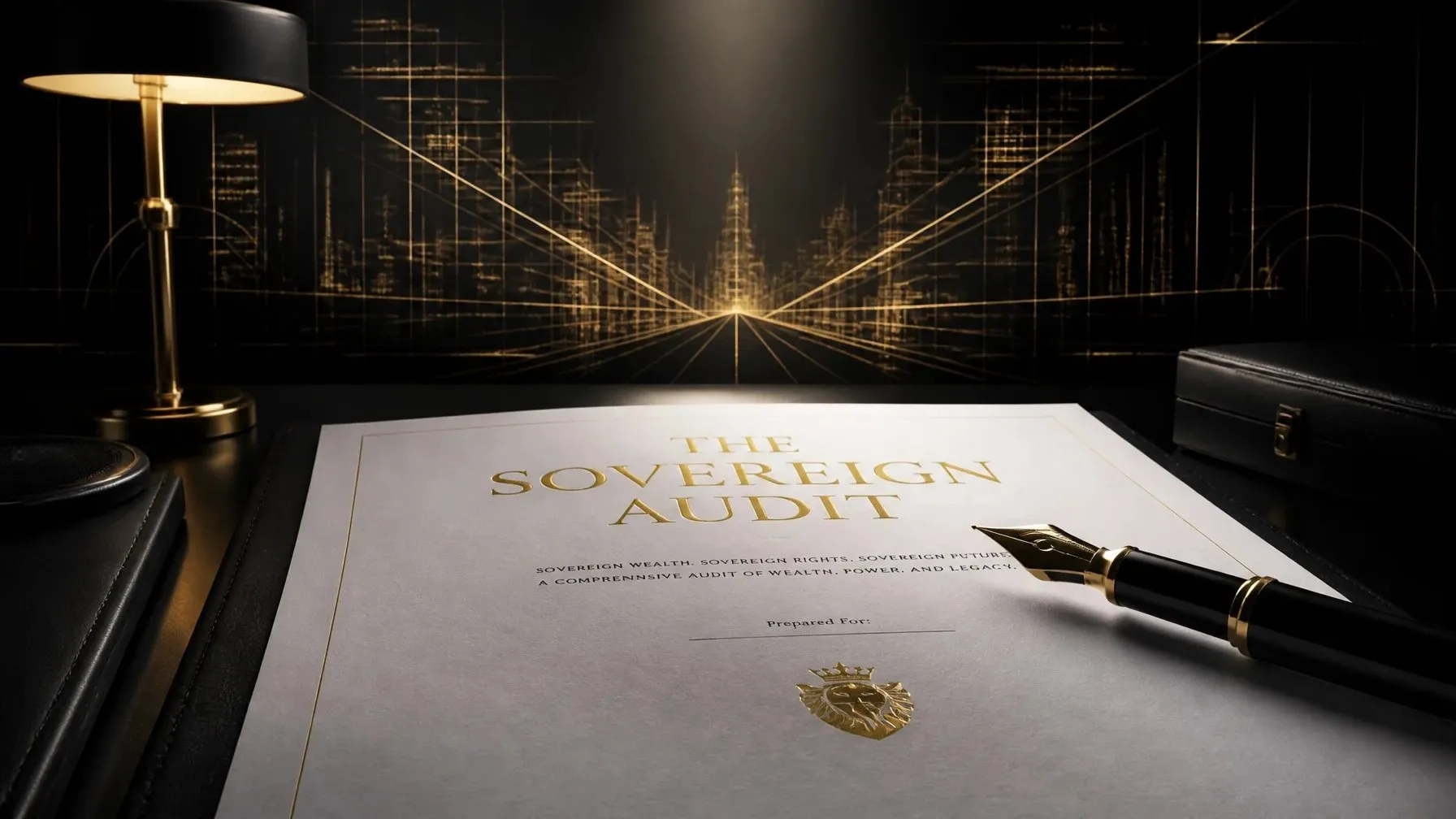The Sovereign Audit document, fountain pen, and black leather organizer arranged on a dark desk with gold geometry